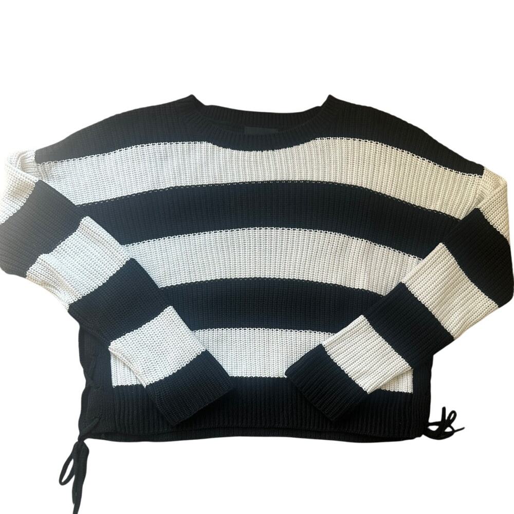 Intermix Black/White Side Tie Cotton/Cashmere Contemporary Sweater, Size‎ Large